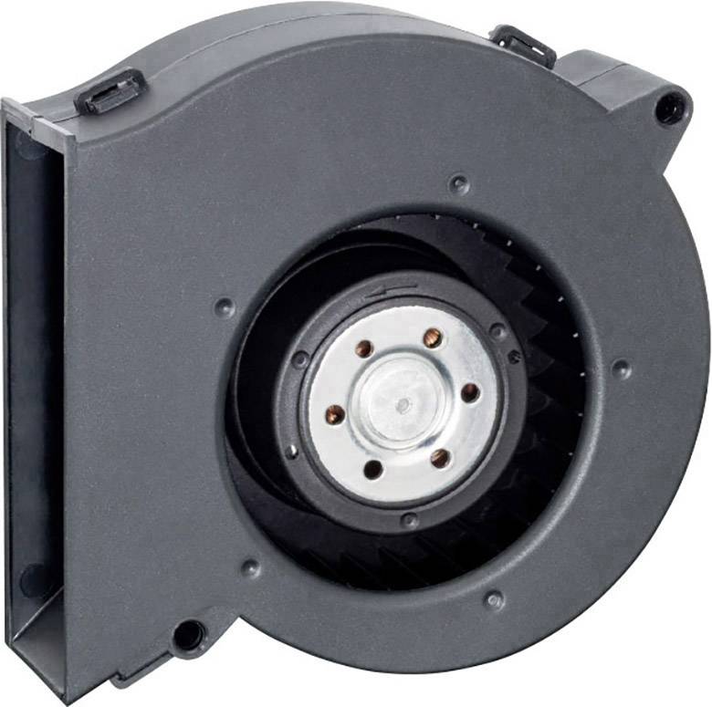 Zwarte radiale ventilator met metalen schoepen en kunststof behuizing, geschikt voor elektronische koeltoepassingen.