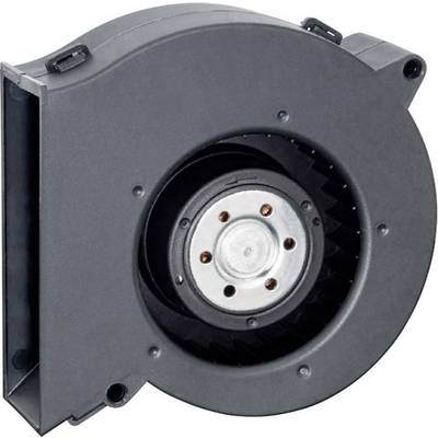 Zwarte radiale ventilator met metalen schoepen en kunststof behuizing, geschikt voor elektronische koeltoepassingen.