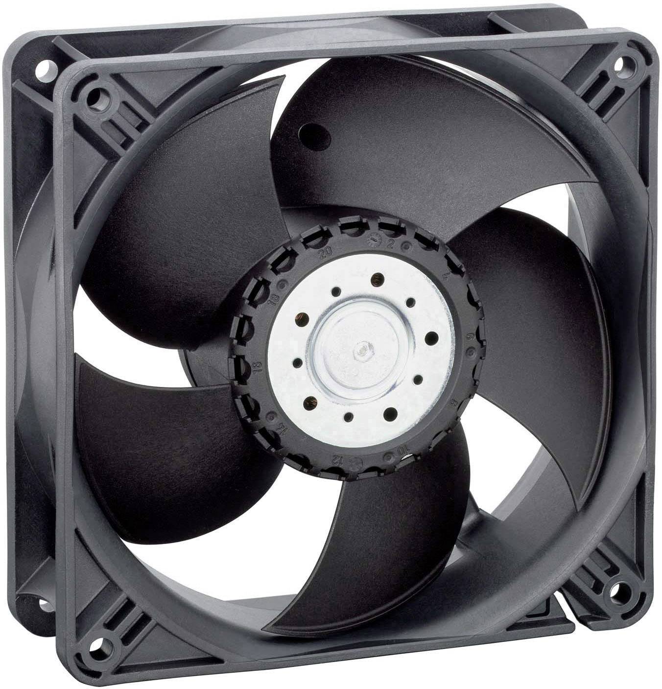 Een zwarte computerventilator met vijf schoepen in een vierkante behuizing, gebruikt voor koeling in computers.