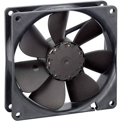 Een zwarte computerventilator met acht bladen, gemonteerd in een rechthoekig frame, wordt van dichtbij in beeld gebracht.