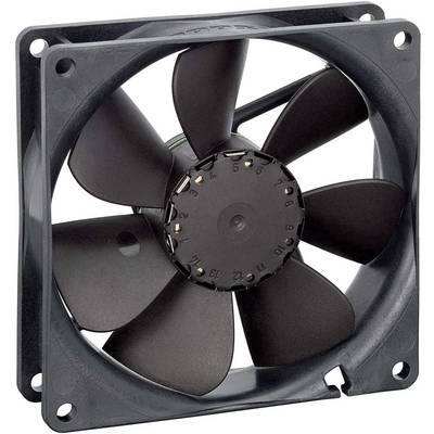 Een zwarte computerventilator met acht vleugels, gemonteerd in een vierkant frame, wordt gebruikt voor koeling en ventilatie van apparaten.