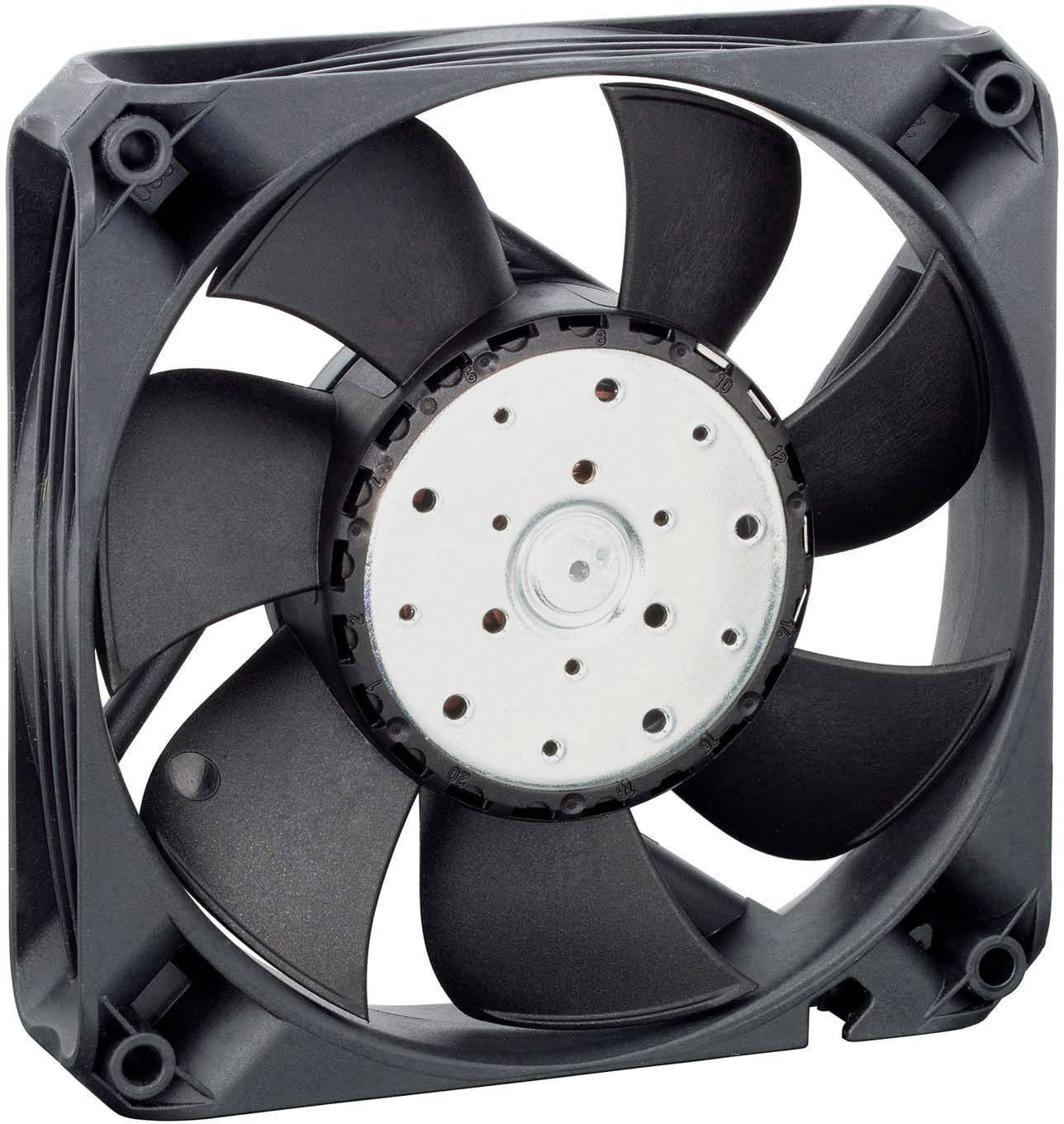 Een zwarte computerbehuizingsventilator met zeven rotorbladen in een vierkant frame, die dient voor de koeling van hardwarecomponenten.
