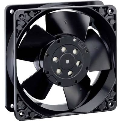 Een zwarte computerventilator met vijf vleugels, gemonteerd in een vierkant behuizing, wordt frontaal getoond.