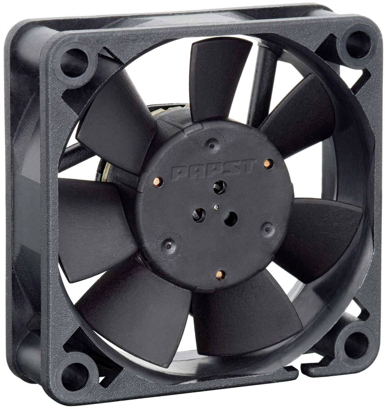 Een zwarte ventilator met zeven rotorbladen en een vierkant frame, geschikt voor koeling in elektronische apparaten.