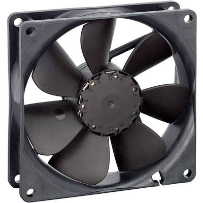 Zwarte computerventilator met zeven rotorbladen, gemonteerd in een vierkant frame, toont de voorkant van de ventilator.
