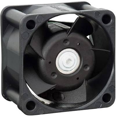 Zwarte, vierkante ventilator met zes schoepen, geschikt voor computer- of machineverkoeling, met een robuuste kunststof behuizing.