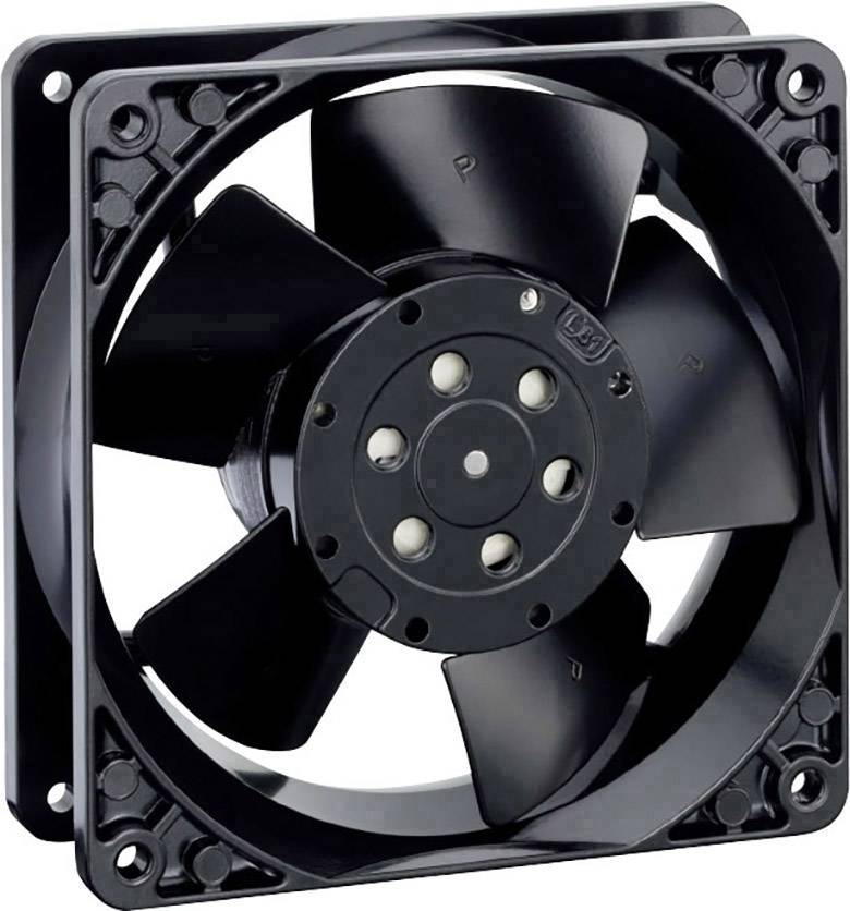 Zwarte ventilator met vijf schoepen in een rechthoekig frame, typisch gebruikt voor computers of elektronische apparaten om te koelen.