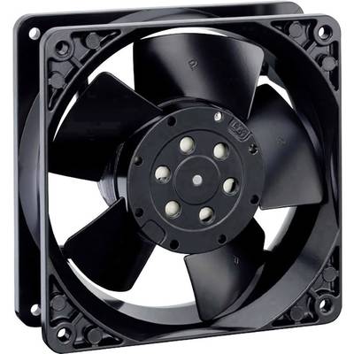 Een zwarte ventilator met vijf schoepen, gemonteerd in een rechthoekig frame. Hij wordt gebruikt voor de koeling van elektronische apparaten.
