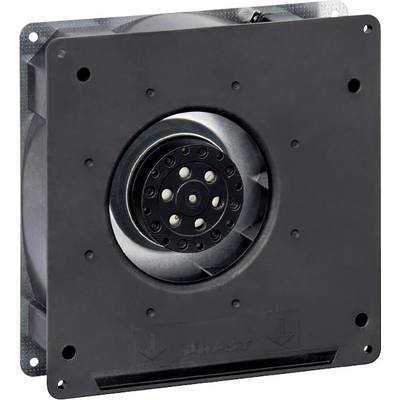 Een vierkante ventilator met zwarte schoepen en frame, geschikt voor industriële koeltoepassingen.
