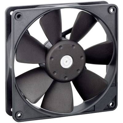 Een zwarte vierkante ventilator met acht rotorbladen, gemonteerd in een rechthoekige behuizing.