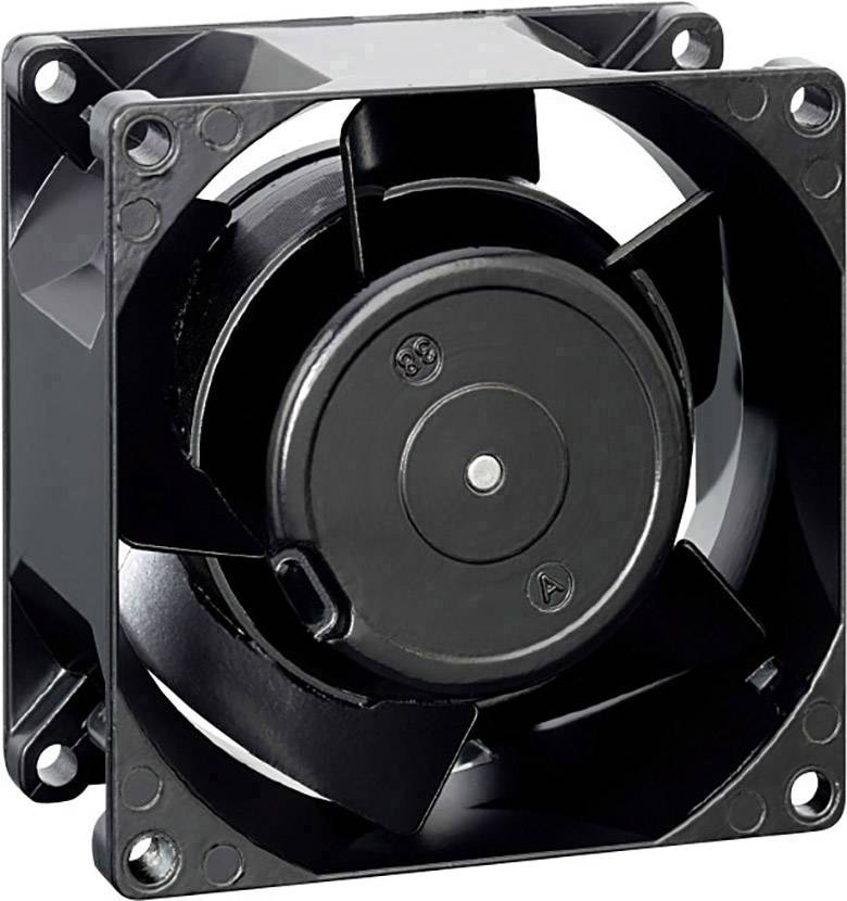 Een zwarte plastic ventilator in vierkante vorm, geschikt voor installatie in elektrische apparaten ter verkoeling.