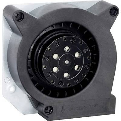 Een zwarte ventilator met een rond rotor en beschermrooster, gemonteerd op een rechthoekige metalen plaat. Gebruikt voor koeling.