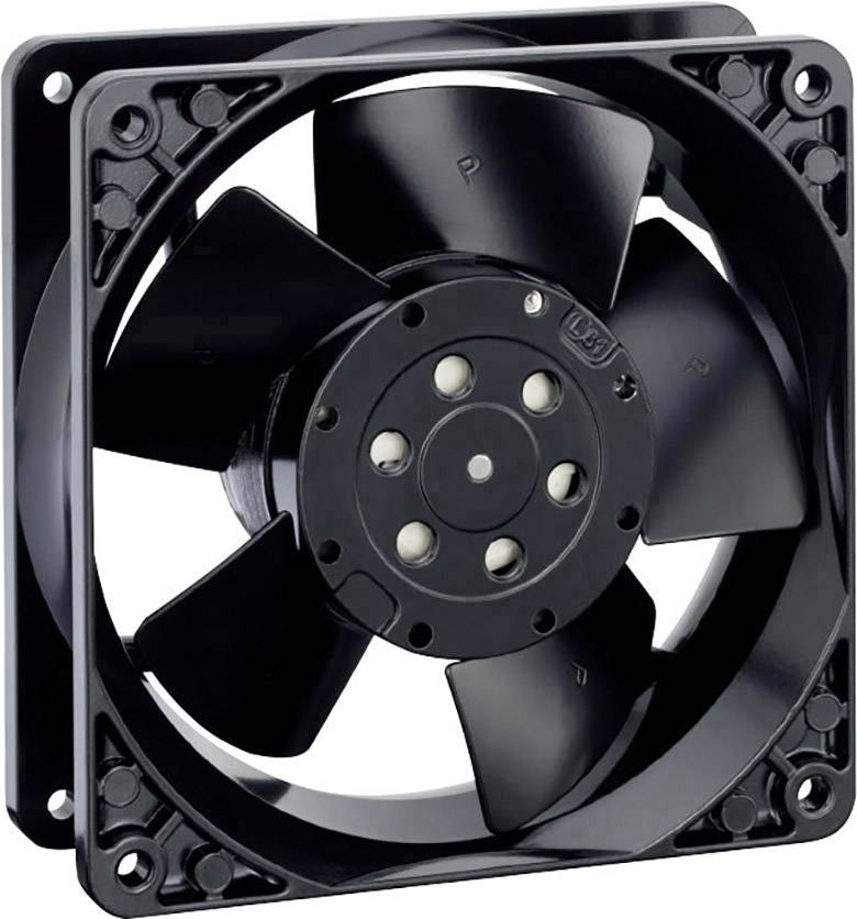 'Een zwarte ventilator met vijf bladen in een rechthoekige behuizing, geschikt voor koeldoeleinden in elektronische apparaten.'