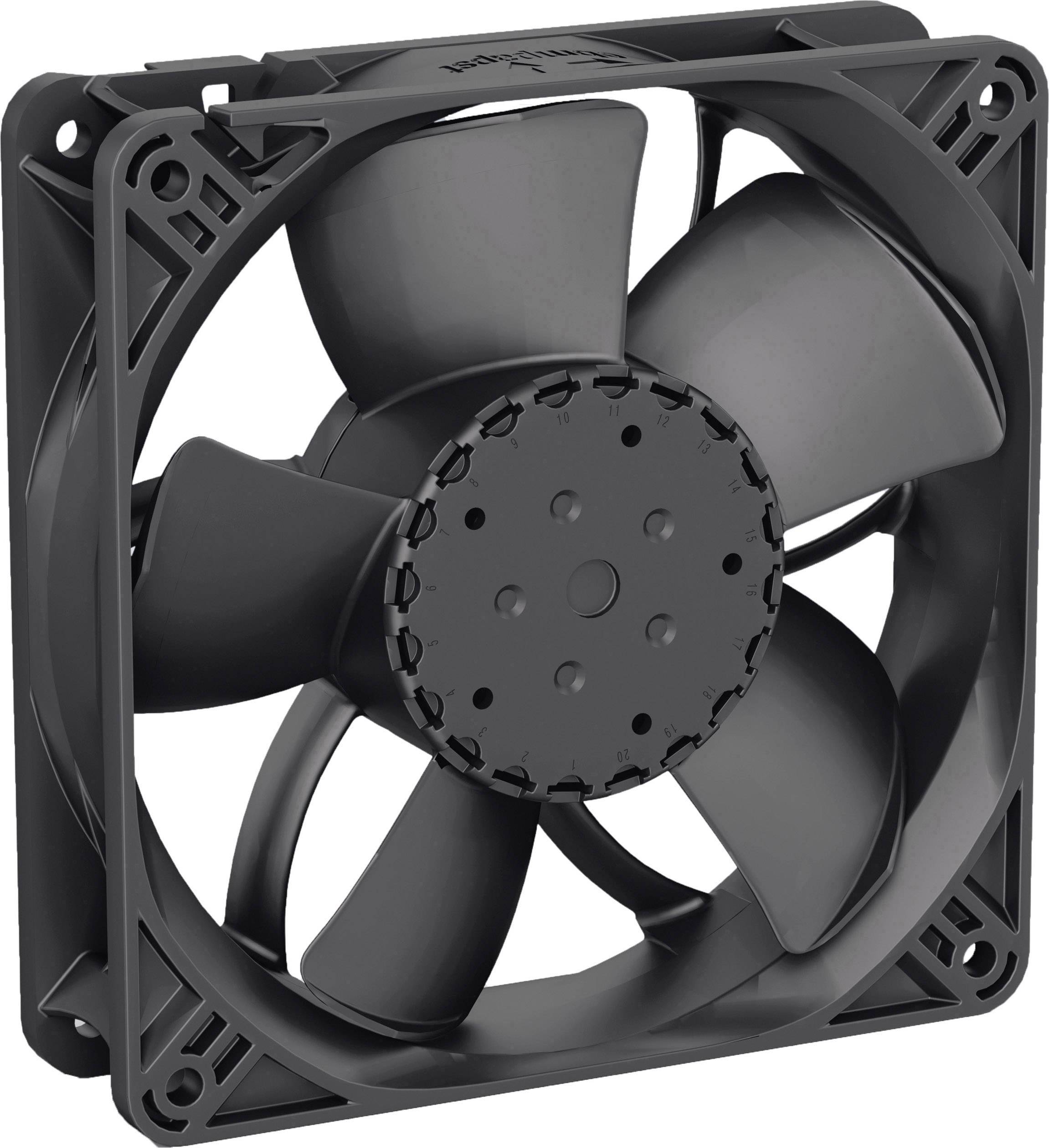 Grote zwarte computerventilator met vijf zichtbare bladen, gemonteerd in een vierkant frame.