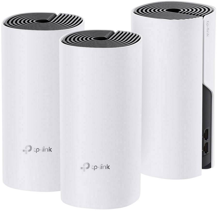 Drie witte, cilindrische WiFi-routers van TP-Link met een zwart, golvend verluchtingsontwerp aan de bovenkant.