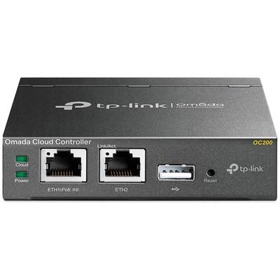 Een zwarte TP-Link Omada Cloud Controller model OC200 met twee Ethernet-poorten en een USB-aansluiting, LED-indicatoren voor Cloud en stroom.