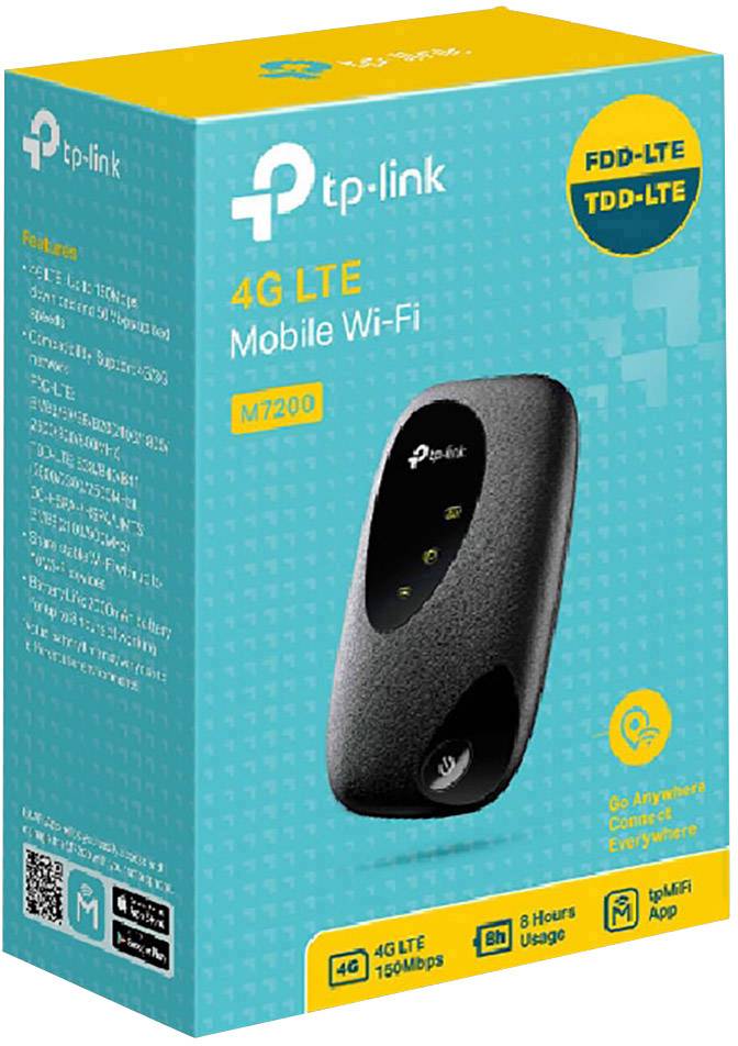 Verpakking van een TP-Link 4G LTE Mobiele Wi-Fi Router, Model M7200. Ondersteunt FDD-LTE en TDD-LTE. Biedt mobiel internet.