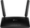 Zwarte router met twee antennes, TP-Link-logo in het midden. Voorkant toont bedrijfs-, wifi- en verbindingssymbolen.