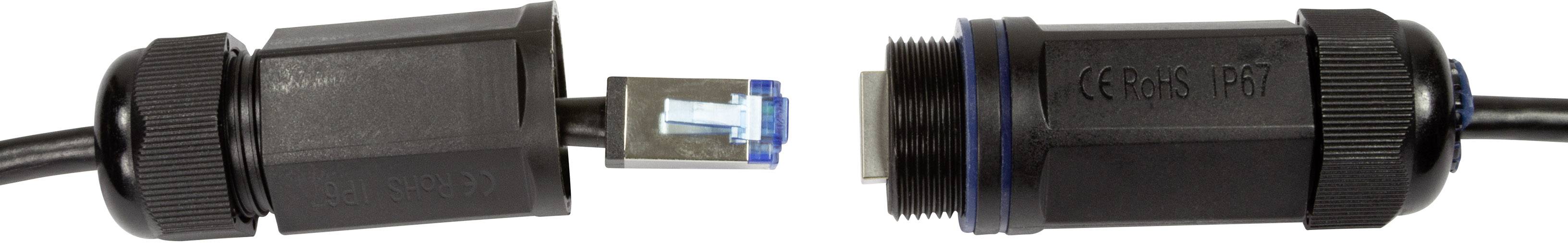 Stekkerdoos met afneembare RJ45-Ethernet-stekker, omgeven door zwarte schroefverbindingen, voor industriële bekabeling.