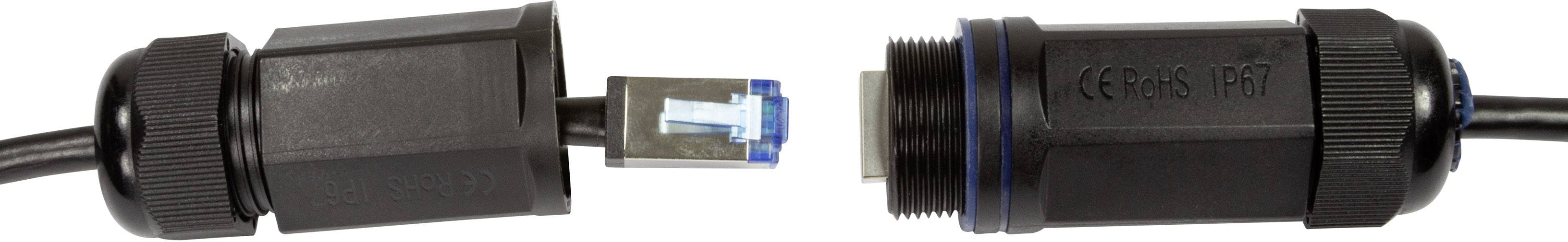 Een zwarte, gedeeltelijk gedemonteerde Ethernet-stekker met blauwe binnenkant toont de verbindingsmogelijkheden van een kabel.