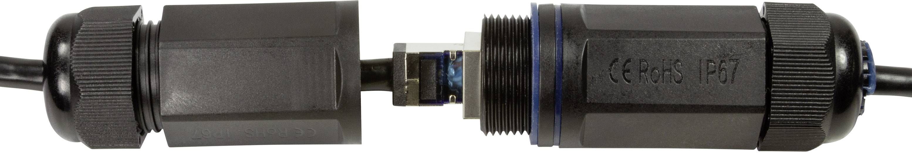 Een zwarte, waterdichte kabelstekker is in twee delen gescheiden. Links is de stekker met kabel, rechts de stekkerdoos met opschrift.