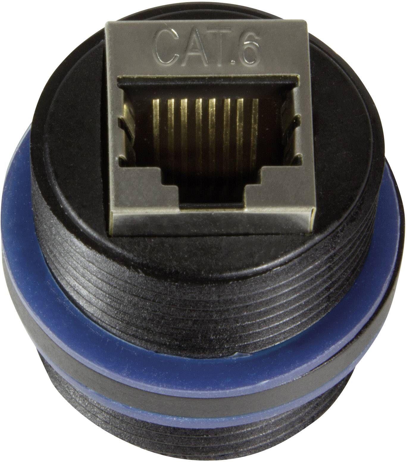 Een netwerkaansluiting voor CAT.6-kabel, gemonteerd in een cilindrische, zwarte kunststof behuizing met een blauwe afdichting.