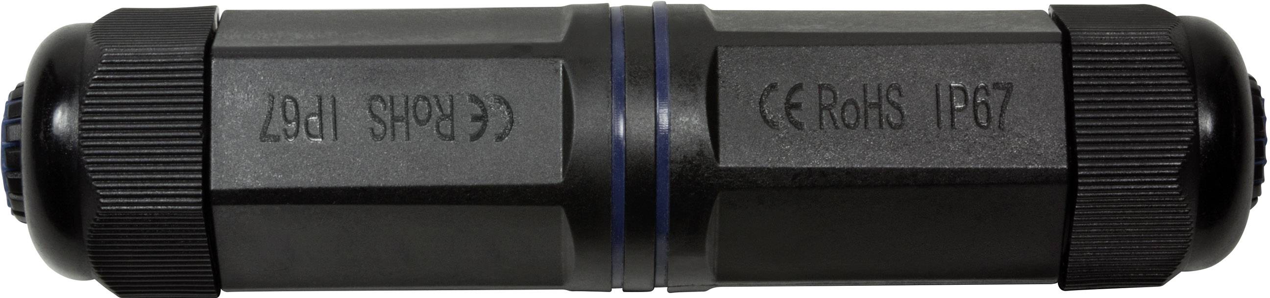 Zwarte cilindrische connector met de opdruk 'RoHS IP67', geschikt voor water- en stofbestendige elektrische verbindingen.