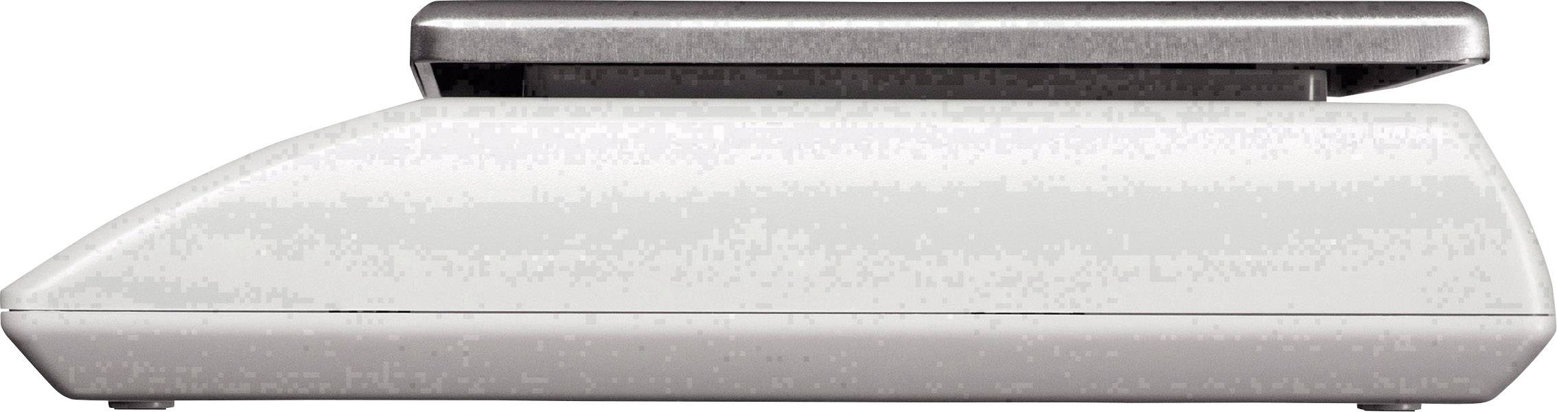 Elektronische weegschaal in zijaanzicht. Het oppervlak is vlak en metallic, de basis is wit. Geschikt voor nauwkeurig wegen.
