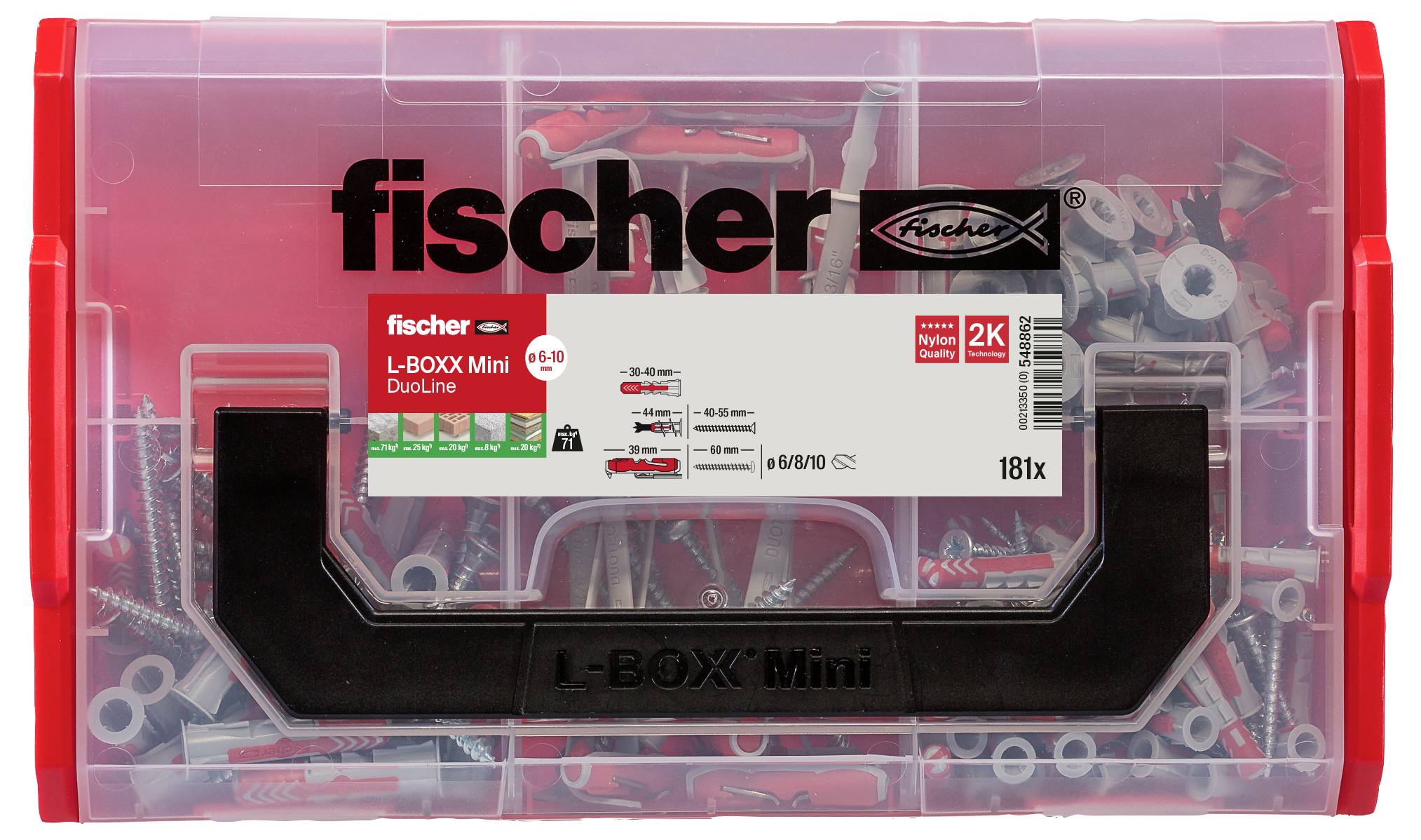 Kunststof opbergbox van Fischer, gevuld met verschillende schroeven en pluggen. Model 'L-BOXX Mini'. Geschikt voor doe-het-zelf projecten.