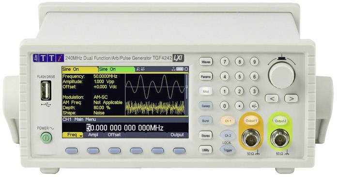 Een elektronische frequentiegenerator met een digitaal display toont golfvorm en frequenties. Bedieningselementen en aansluitingen zijn zichtbaar.