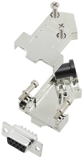 Metalen D-Sub-connector in gedemonteerde staat met twee schroeven. Toont componenten en structuur van de behuizing.