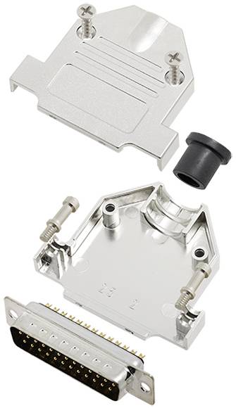 Open behuizing van een D-Sub-connector met metalen afdekking, schroeven en een zwart kunststof element, toont de binnenstructuur.