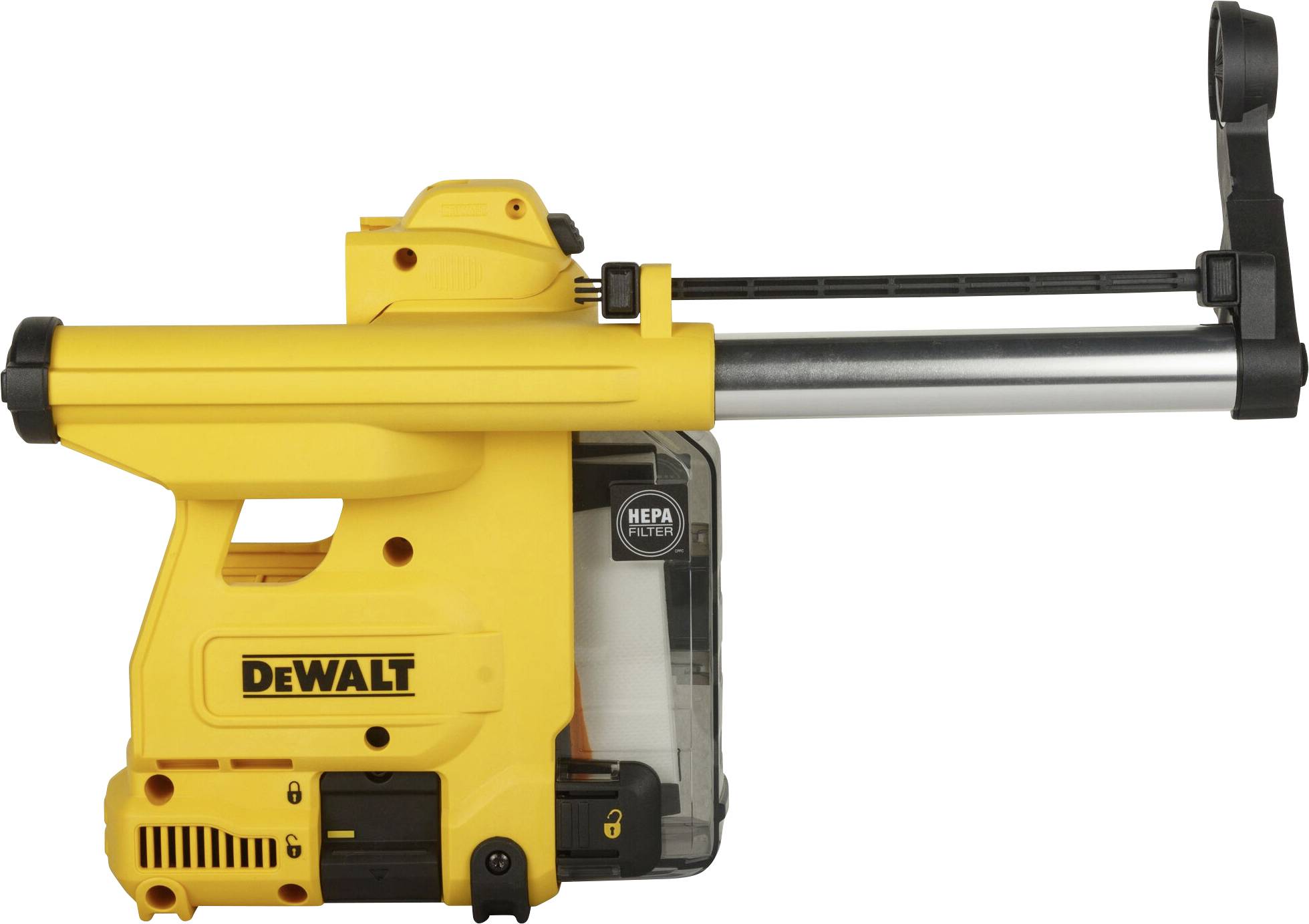'Gele DeWALT-stofzuigeropzetstuk met HEPA-filter en verlengbuis, zijaanzicht.'