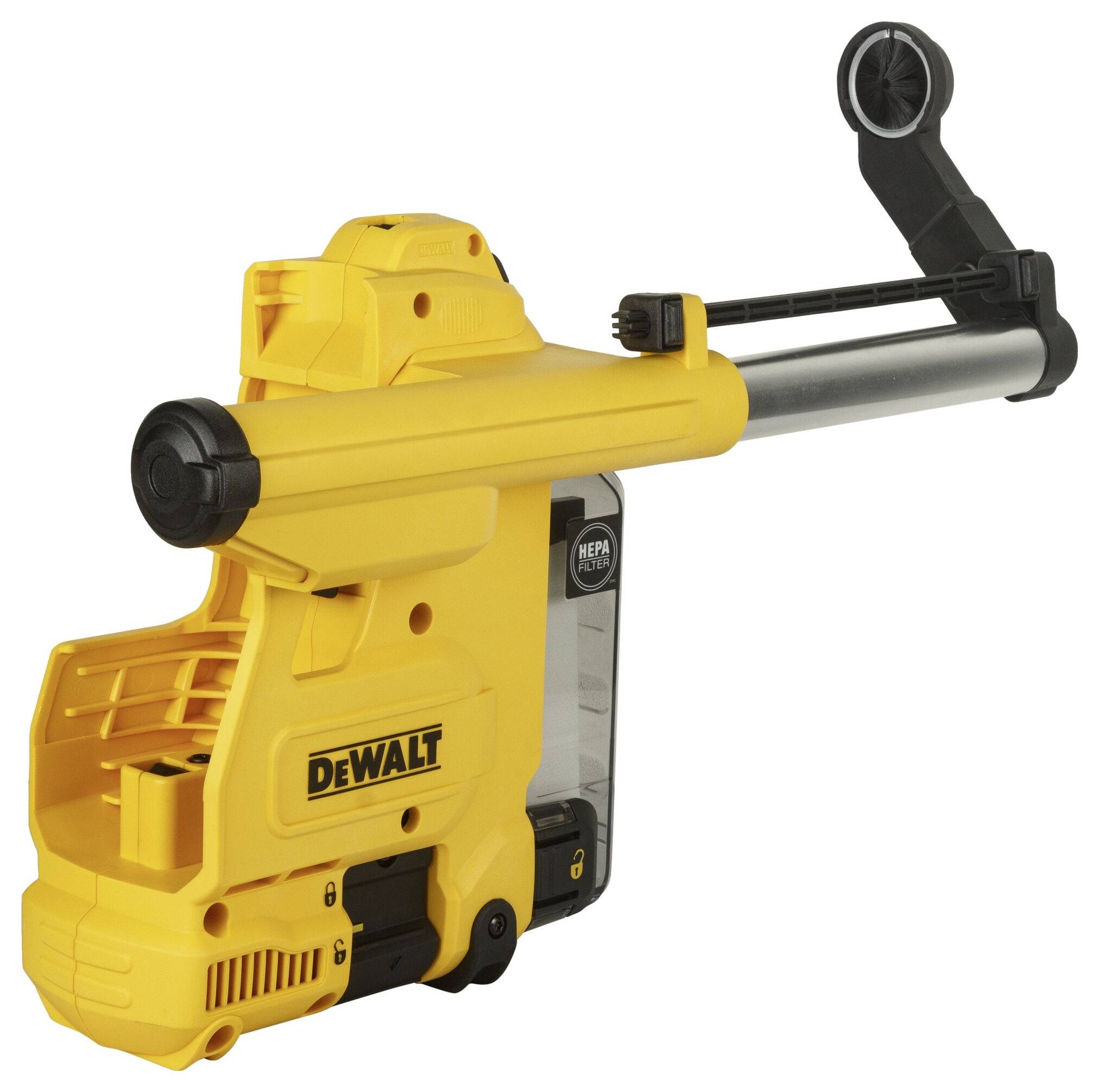 Gele DeWalt-gereedschappen voor stofafzuiging, HEPA-filter, verstelbare zuigslang, accuvoeding.
