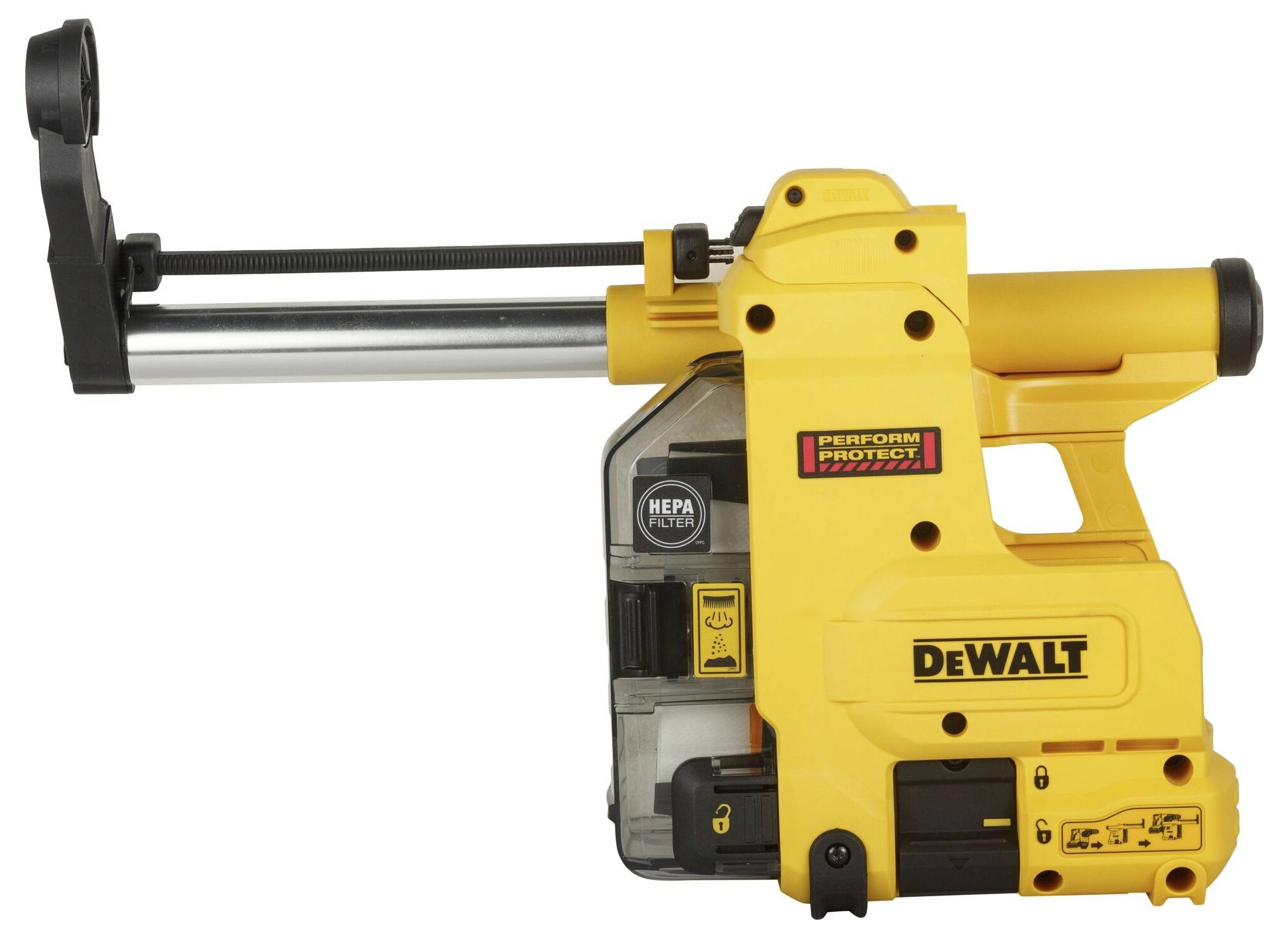 Geel DeWalt-gereedschap voor stofverzameling met HEPA-filter, lange metalen buis en zwarte handgreep.