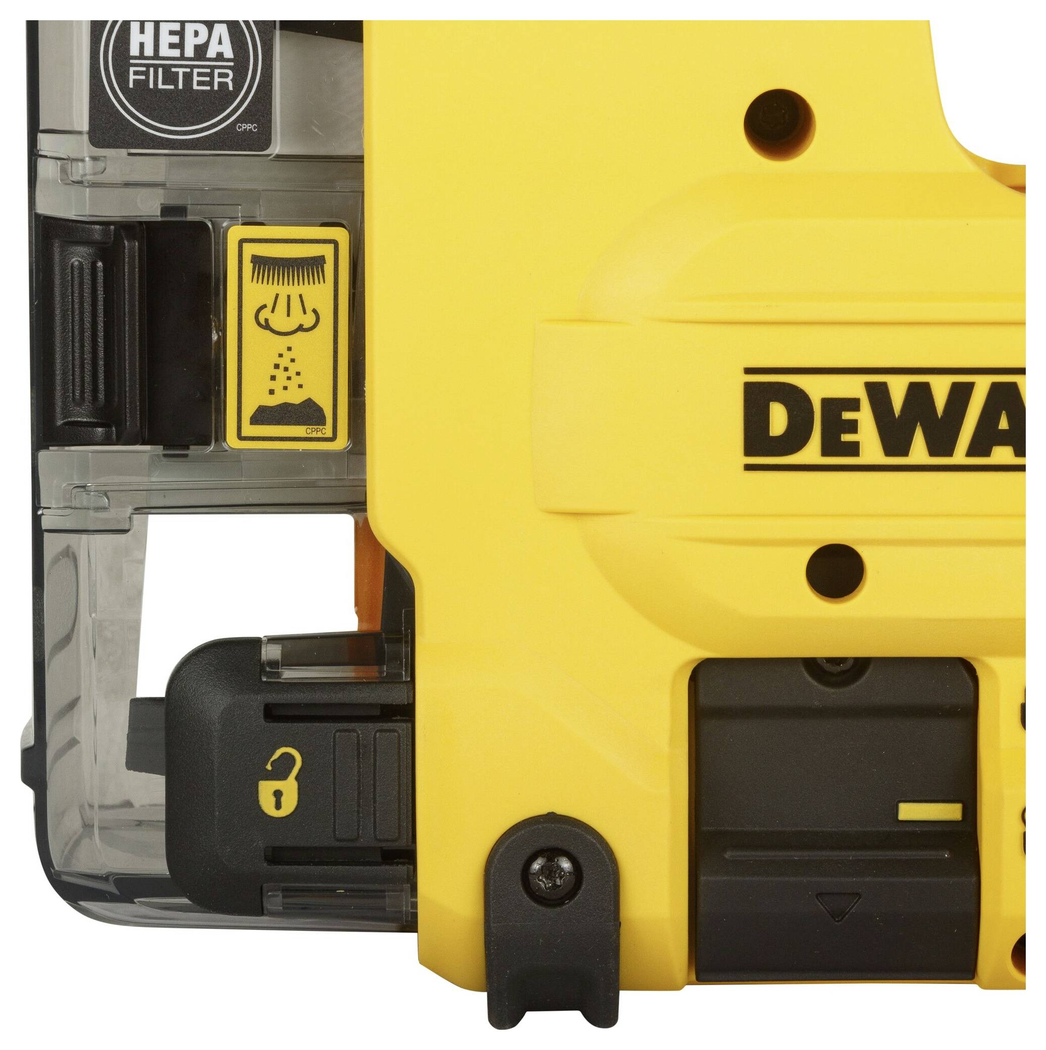 Een geel gereedschap met het 'DeWalt'-logo, toont een HEPA-filter-symbool en veiligheidsinstructies voor vergrendelen en ontgrendelen.