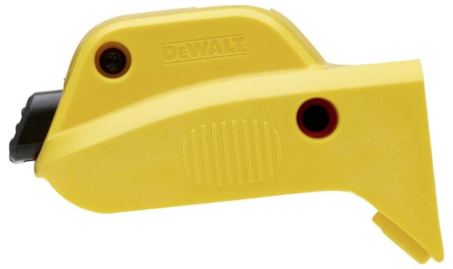 Geel kunststof apparaat met zwarte knop. Waarschijnlijk een veiligheidsafdekking voor gereedschap met een handgreep voor bediening.
