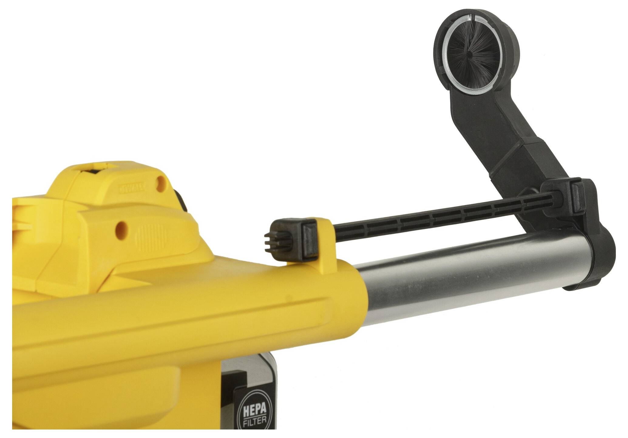 Een gele stofzuigerkop met HEPA-filter. Een zwarte arm steekt omhoog, vermoedelijk voor bevestiging of geleiding.