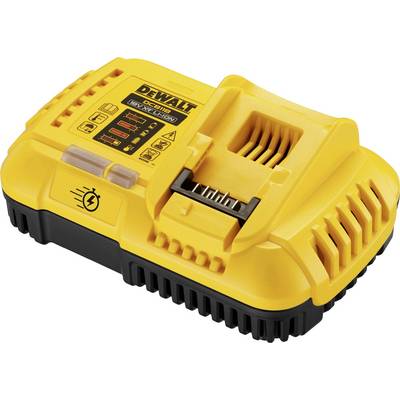 Een gele DEWALT-oplader met laadstatusindicator en verwisselbare accuslot. Geschikt voor het opladen van elektrisch gereedschapsaccu's.
