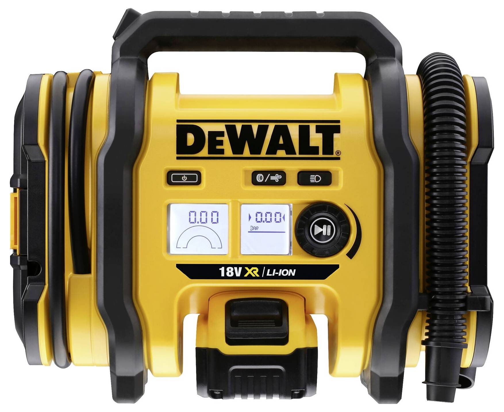 Een gele draagbare compressor met 'DeWalt'-logo en digitale displays, geschikt voor banden en opblaasbare voorwerpen.