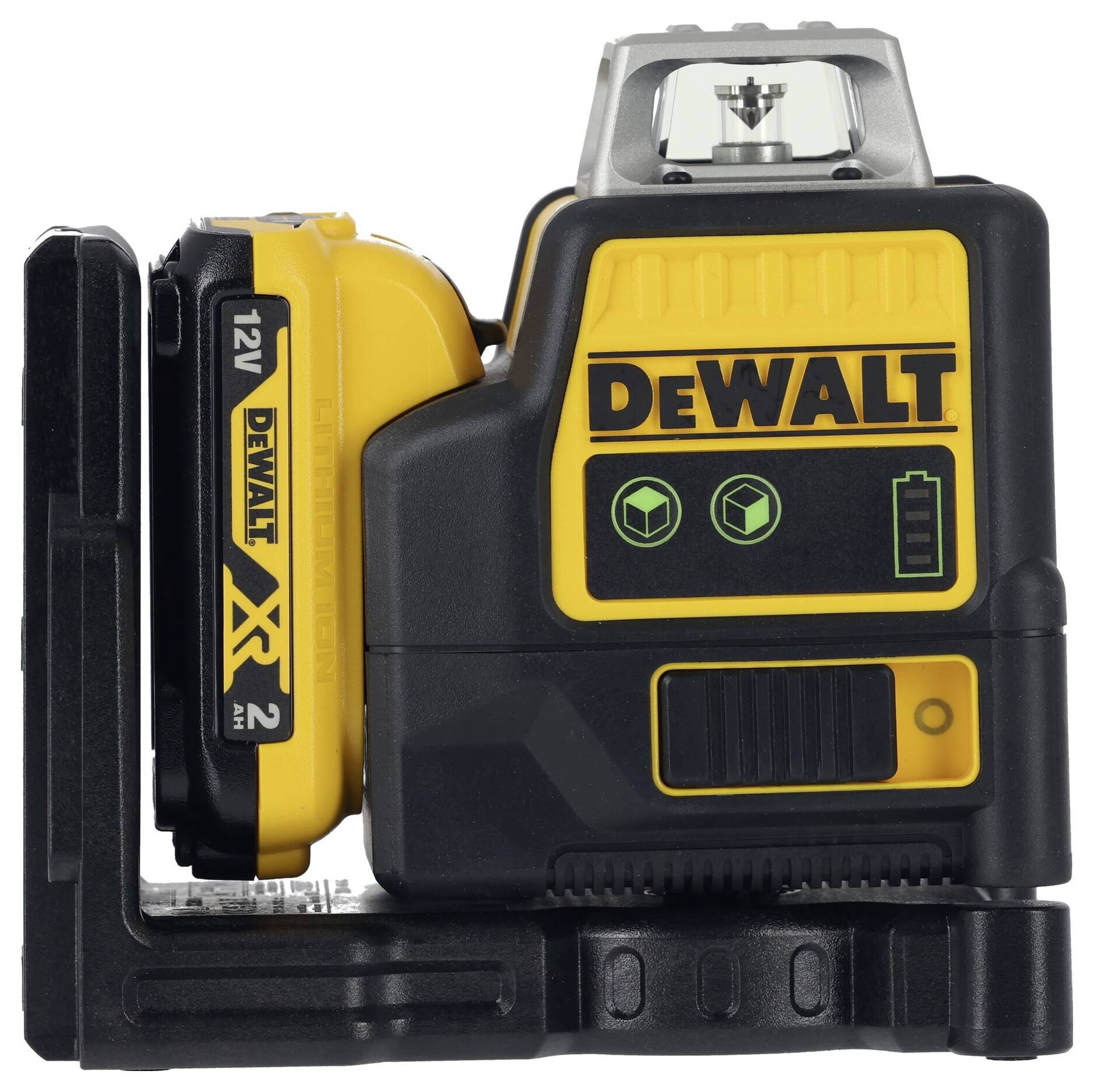Een draagbare DeWalt-laser met een geel en zwart behuizing, drie toetsen aan de voorkant, werkt op batterij en is geschikt voor bouwwerkzaamheden.