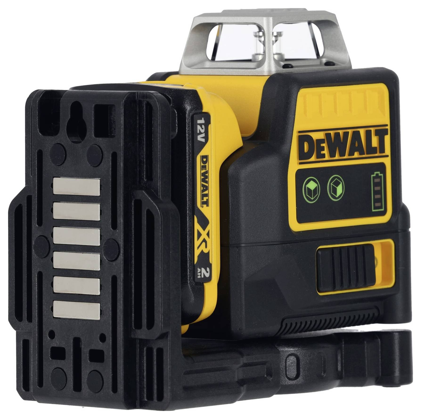 Een gele DEWALT lasermeter met zwarte behuizing, magneten aan de onderkant en symbolen voor uitlijning en batterijstatus.