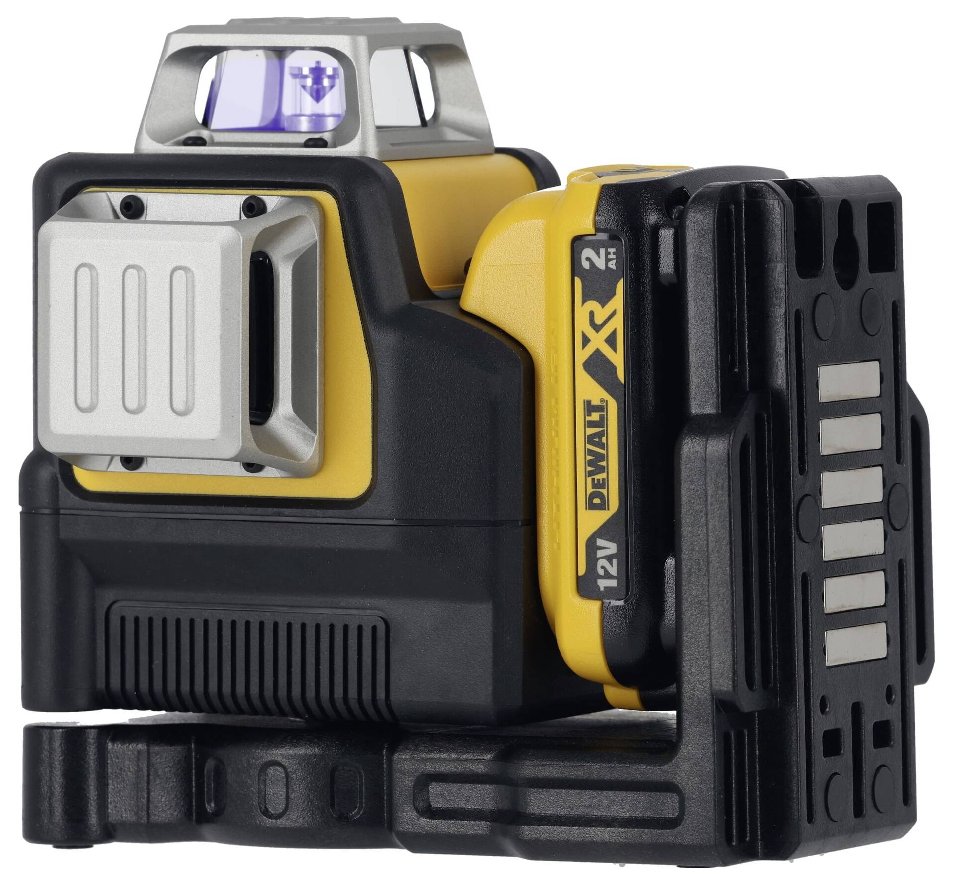 Een geel en zwart lasertoestel van het merk DeWalt, model XR, 12V, wordt vanuit een zijdelingse perspectiefweergegeven.