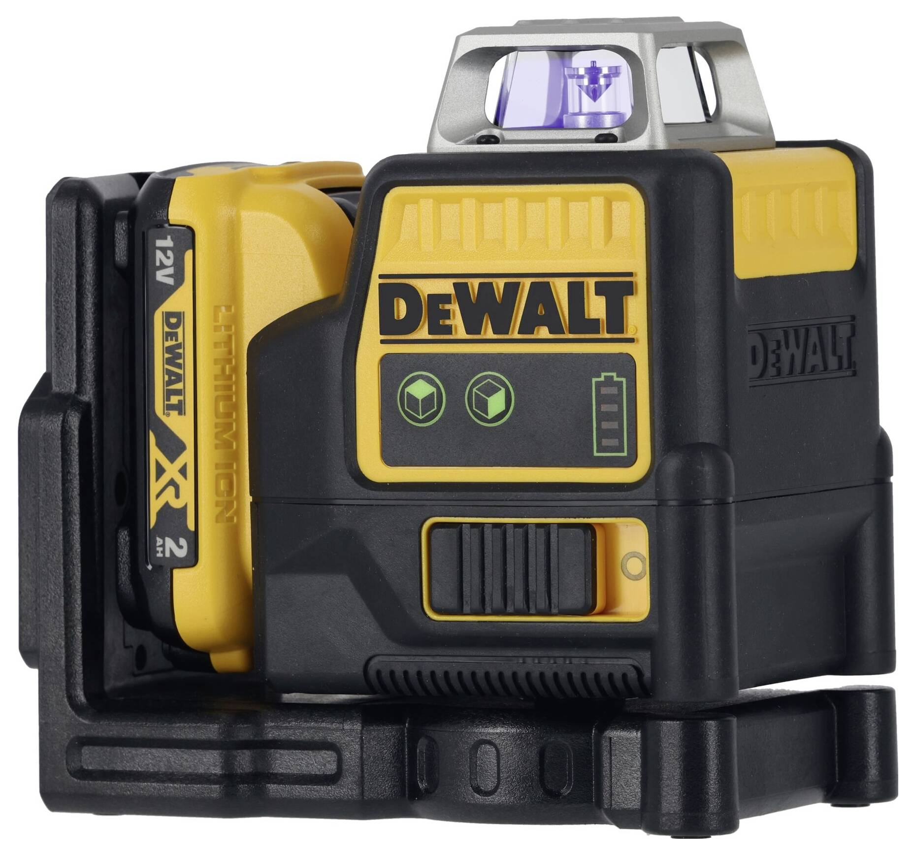 Een geel en zwart lasermeetgereedschap van DeWalt voor precisie-uitlijning, toont laserlijnen voor nivellering en positionering.