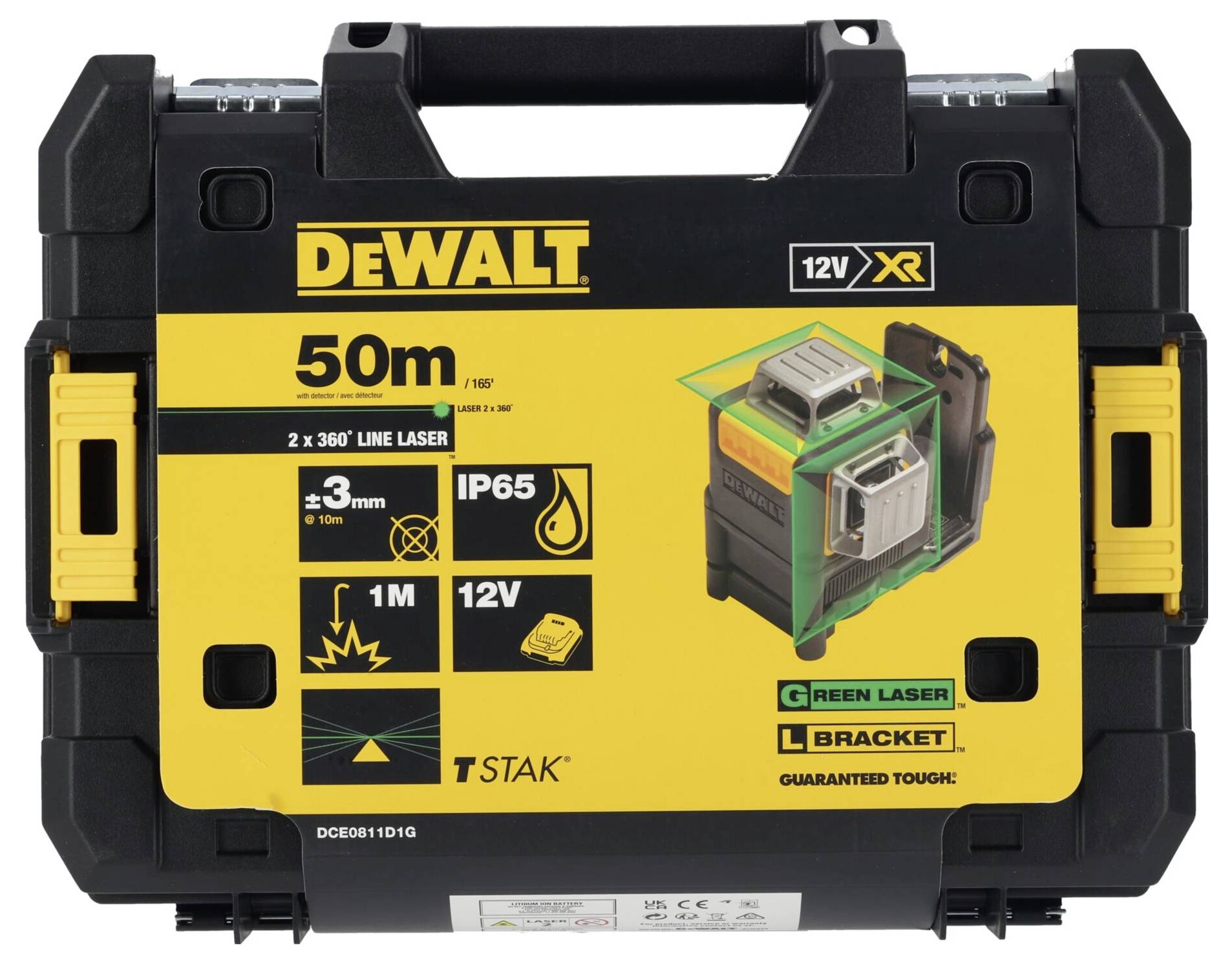 Een productkoffer toont een 12V DEWALT 50m 2x360° groene laser, IP65 gecertificeerd. Bevat een afbeelding van een laser en tekst over zijn eigenschappen.