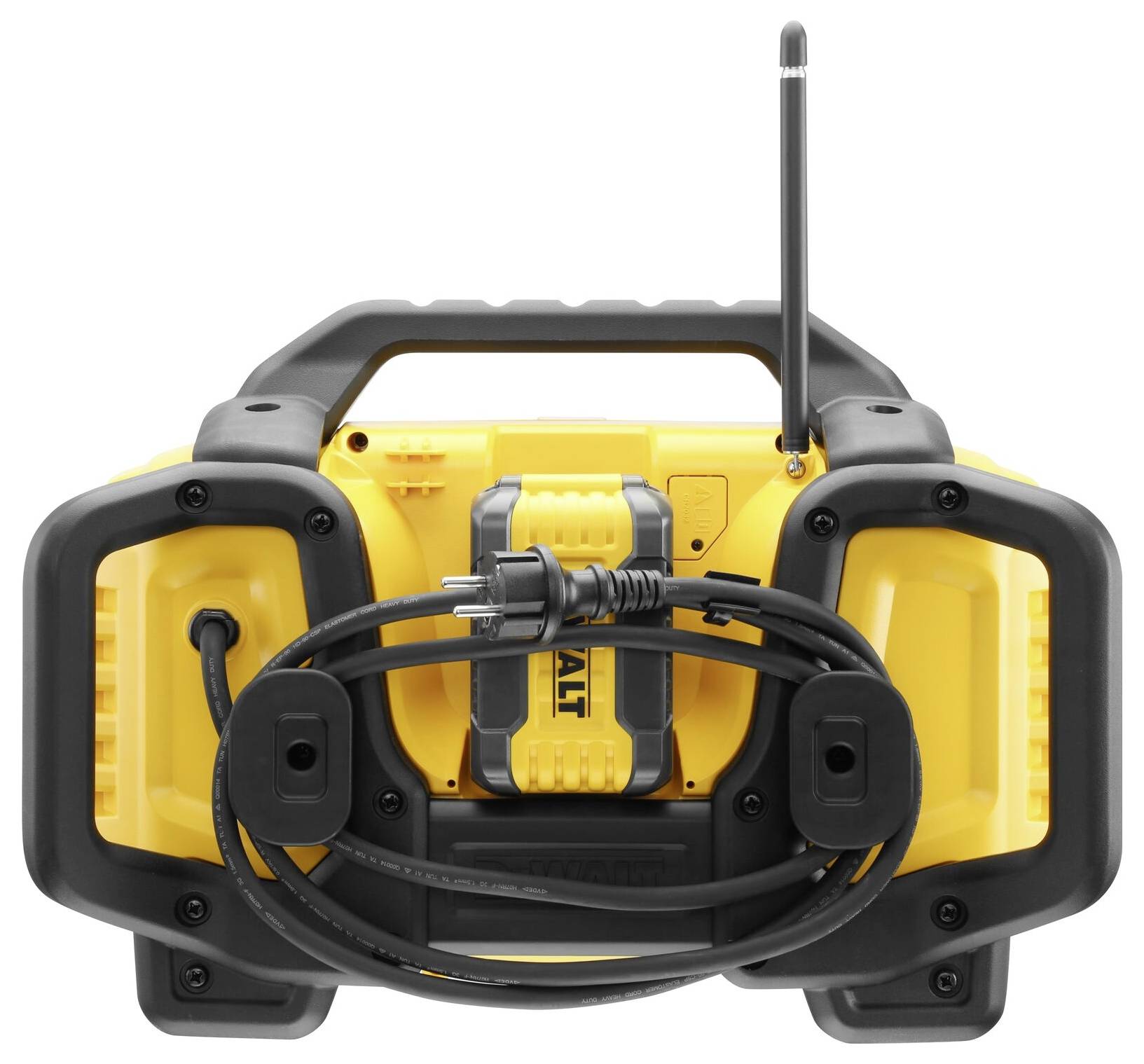 Een geel-zwarte draagbare radio met antenne en kabelopwikkeling aan de achterkant, geschikt voor bouwplaatsen.