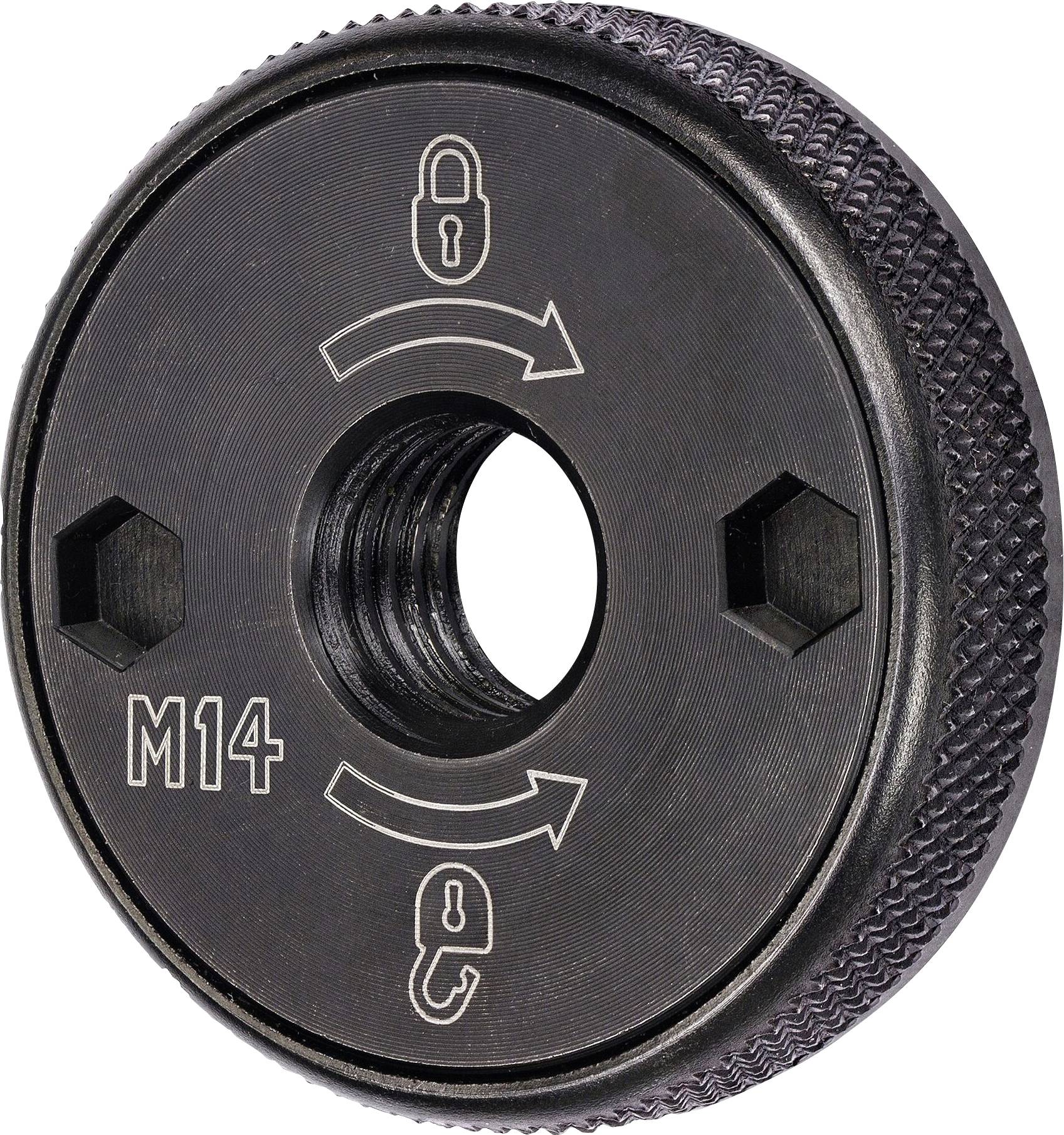 Een ronde, zwarte metalen moer met het opschrift 'M14'. Pijlen en slot-symbolen geven de richtingen voor vergrendelen en ontgrendelen aan.