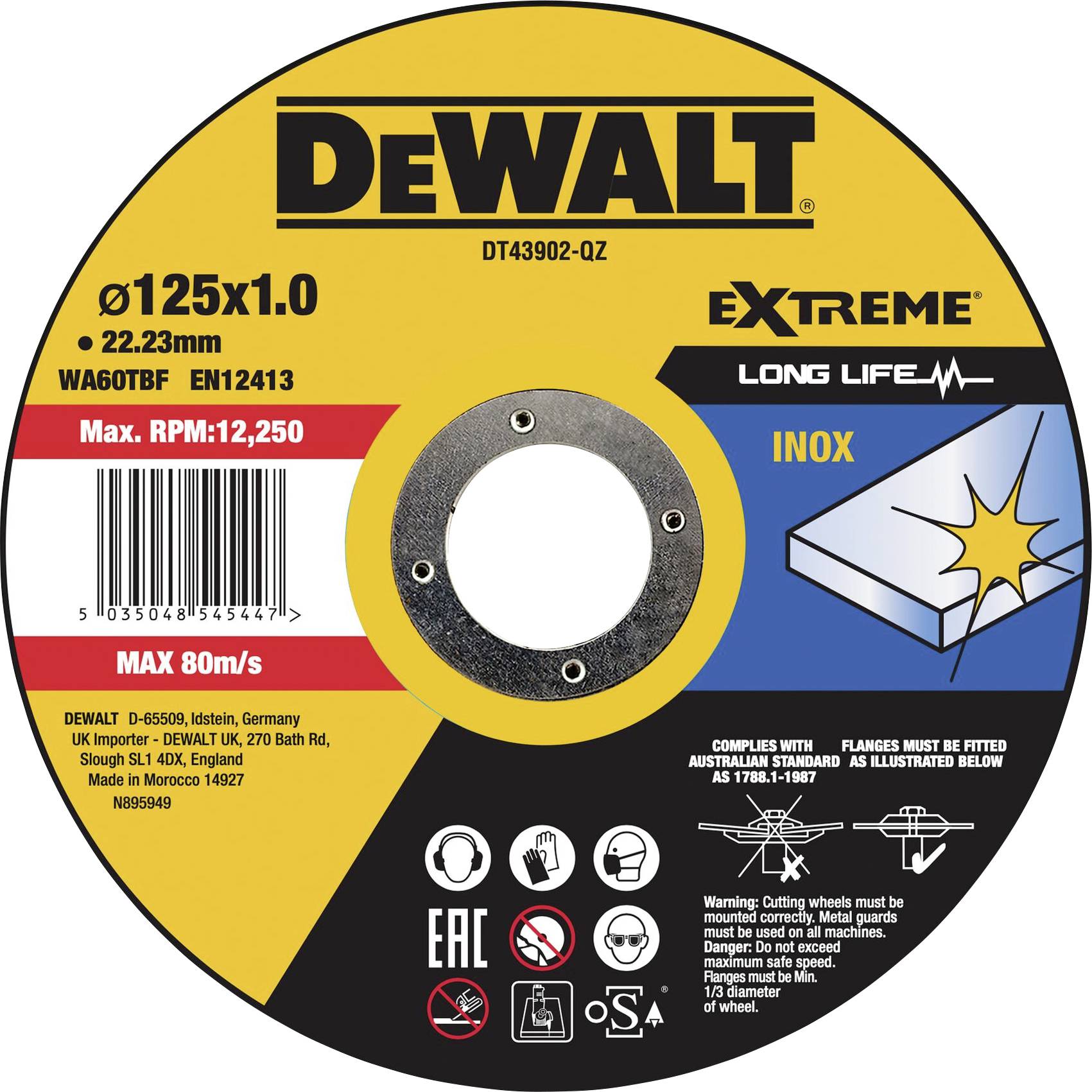 'DeWalt slijpschijf, Ø125x1.0mm, voor roestvrij staal/staal, max. toerental 12.250 rpm, max. snelheid 80 m/s, Made in Germany.'