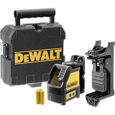 Laserwaterpas van Dewalt met zwarte draagkoffer, twee gele batterijen en zwarte houder, allemaal naast het apparaat geplaatst.