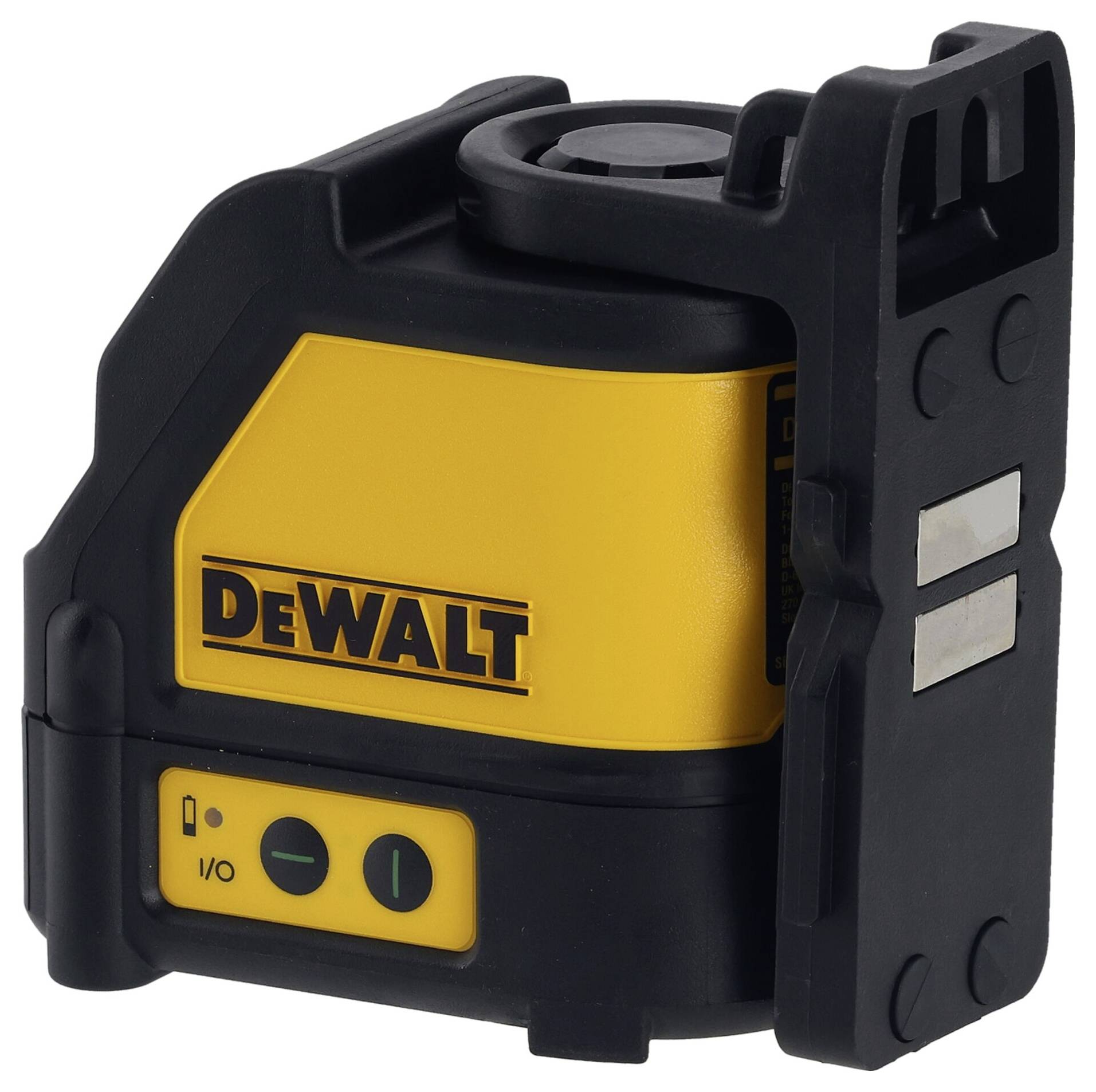 'DEWALT' Laser-afstandsmeter in zwart en geel, vierkante behuizing met bedieningselementen en magneethouder.